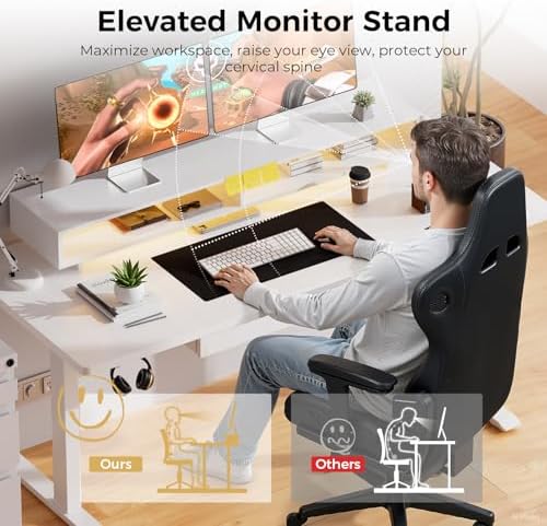 GTPLAYER Electric Standing Desk with Drawers, 48 x 24 Inch Height Adjustable Gaming Desk with Monitor Stand, Power Outlets & LED Lights, Home Office Sit Stand Up Desk with Memory Preset (White) - Image 5