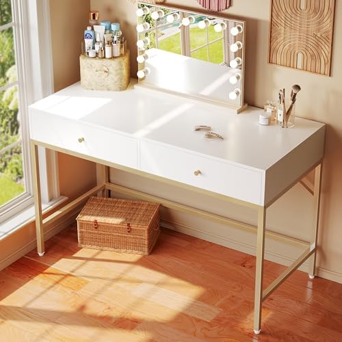 SUPERJARE White and Gold Vanity Desk with Drawers, 47 inch Computer Desk - Image 2