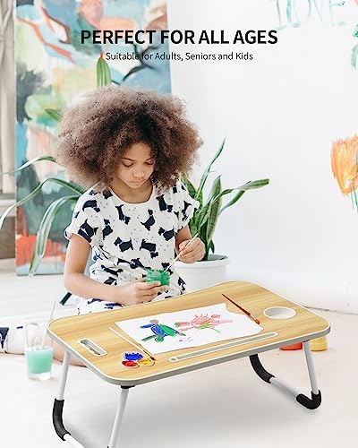 FISYOD Foldable Laptop Table, Portable Lap Desk Bed Table Tray, Laptop Stand with Cup Holder & Tablet Slot & Lifting Handle for Working Writing Drawing & Eating (Wood) - Image 3