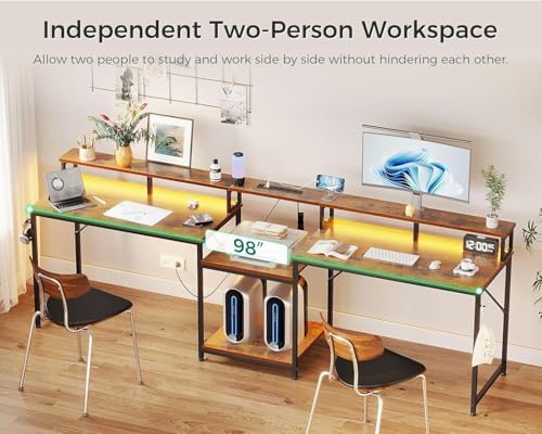 Casaottima 98'' 2 Person Gaming Desk with LED Lights, Vintage - Image 3