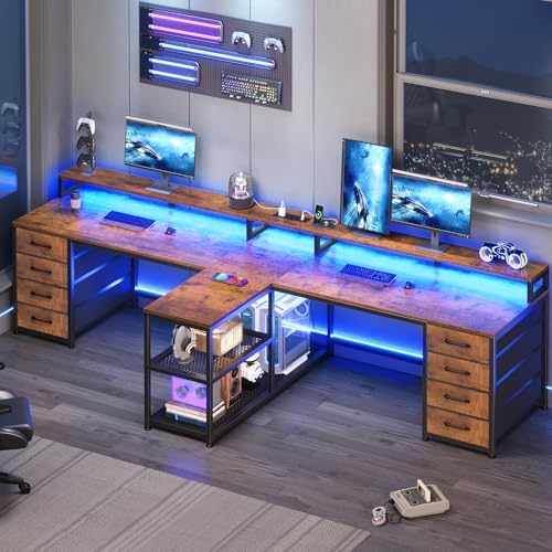 SEDETA 95" 2 Person Gaming Desk with 8 Drawers Storage Shelves,Rustic Brown by SEDETA