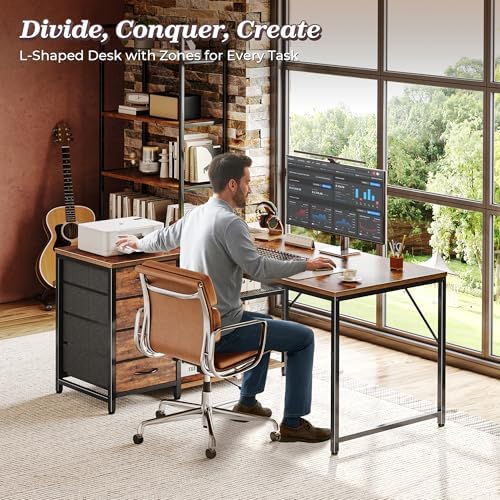 PRAISUN 43.3" Small L Shaped Desk with Power Outlets & 4 Drawers - Image 3