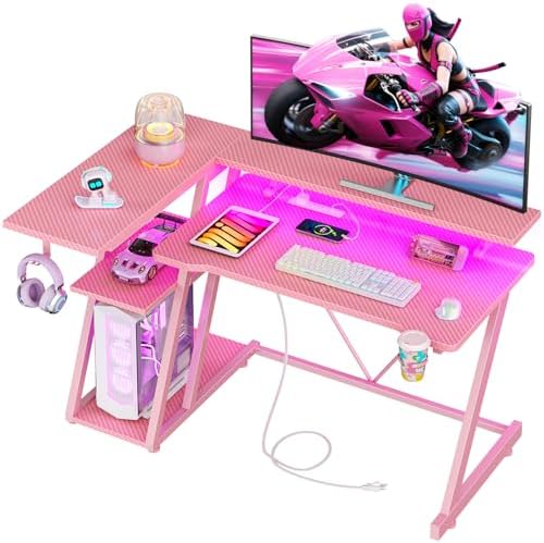 Korfile 40 Inch Pink Gaming Desk with Power Outlet & LED Lights, Corner Computer Desk with 3 Tiers Storage Shelves, L Shaped Gaming Desk with Monitor Stand for Bedroom by Korfile
