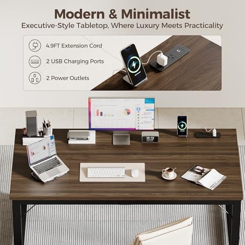 Mericonia 63 Inch Computer Desk with Power Outlets, 1.2" Thick Office Table - Image 5