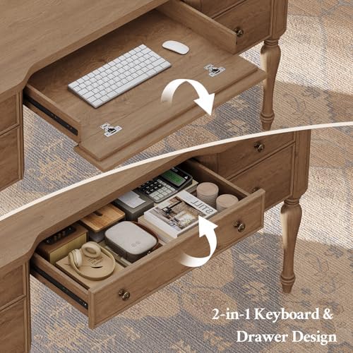 59in Wood Executive Desk with Solid Wood Legs & Keyboard Tray, Brown - Image 5