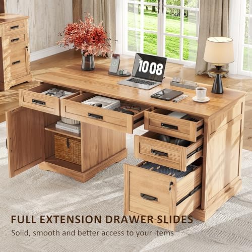 Whalefall 55'' Farmhouse Desk Home Office with Drawers, Light Walnut - Image 5