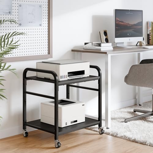 niffgaff 2 Tier Under Desk Printer Stand with Storage, 22" Rolling Printer Cart with Lockable Wheels, Height Adjustable Shelf for Home Office, Black - Image 6
