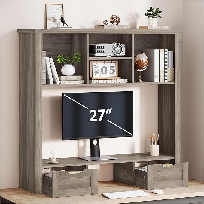 Desk Shelf with Computer Monitor Stand, 37.4''W Desktop Bookshelf by Homiflex