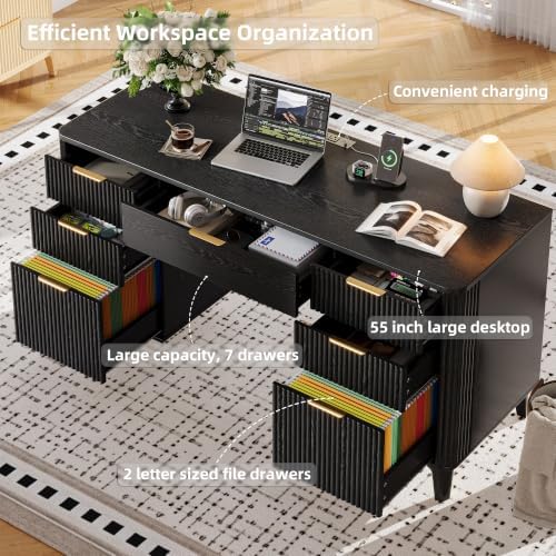 55.1" Fluted Executive Desk with Drawers, Wood Computer Desk with Storage Cabinet, Home Office Desk with Charging Station, Farmhouse Desk with File Cabinet for Office Home - Image 3