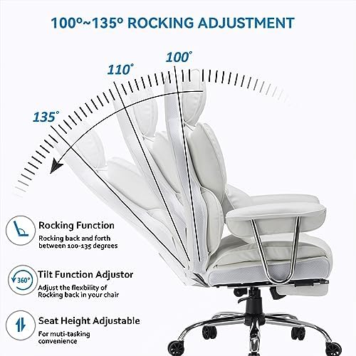 Efomao Big and Tall Office Chair 400lbs, Executive PU Leather Desk Chair with Footrest & Lumbar Support, Heavy Duty Computer Seating for Home, White - Image 3