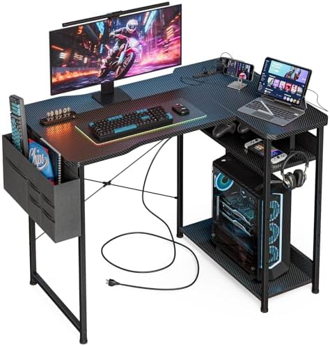 Acrolix L Shaped Gaming Desk 40 Inch - Computer Corner Desk with Power Outlets, Reversible Shelves & Storage Bag for Home Office, PC Gaming Table, Black Carbon by Acrolix
