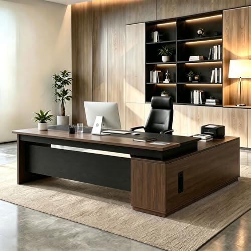 L Shaped Executive Desk with Drawers, Large Wood Workstation, Modern Executive Office Furniture for Home Office and Business Workspace, Multiple Sizes & Colors by Unknown