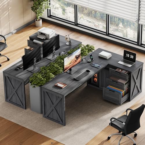 78.7" L-Shaped Office Desk with Drawers and File Cabinet Dark Grey - Image 3