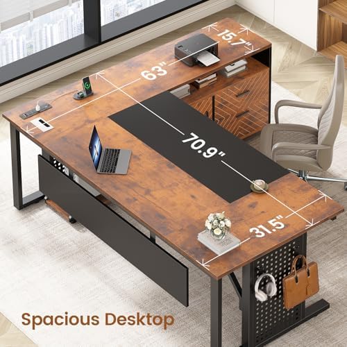 SEDETA 71" Executive Desk with Rolling File Cabinet, Large Office Desk with Drawers, L Shaped Computer Desk with Power Outlets, CPU Stand, Pegboard and Storage Shelves, Rustic Brown - Image 4