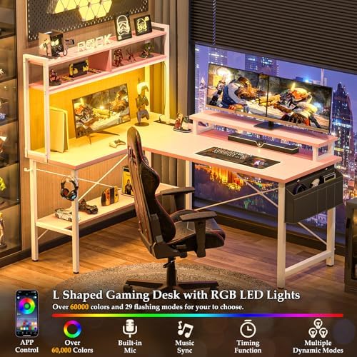Aheaplus L Shaped Gaming Desk with Power Outlets & LED Lights, Pink - Image 5