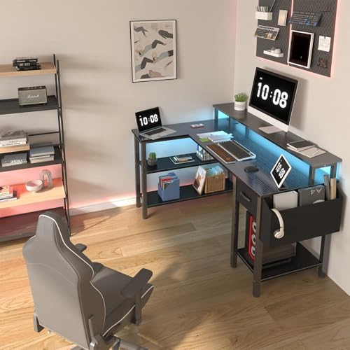 Lufeiya L Shaped Gaming Desk with Storage Shelves, 47 inch Home Office Desk with Monitor Stand, Computer Desk with LED Lights,Power Outlets and Fabric Drawers, Black - Image 2