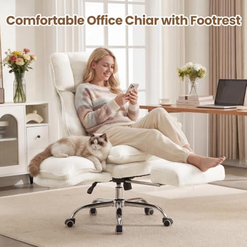 Big and Tall Office Chair with Flip Arms and Footrest, Teddy Criss Cross Legged Home Office Desk Chair with Pet Seat, Comfy Reclining Computer Gaming Chair, White - Image 3