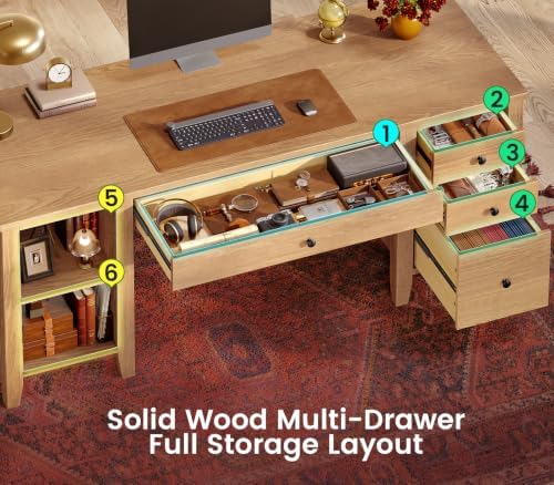 SEDETA 58'' Solid Pine Wood Computer Desk, Executive Home Office Desk with 4 Wood Drawers and Storage Shelves for Work Study Writing, Oak - Image 4