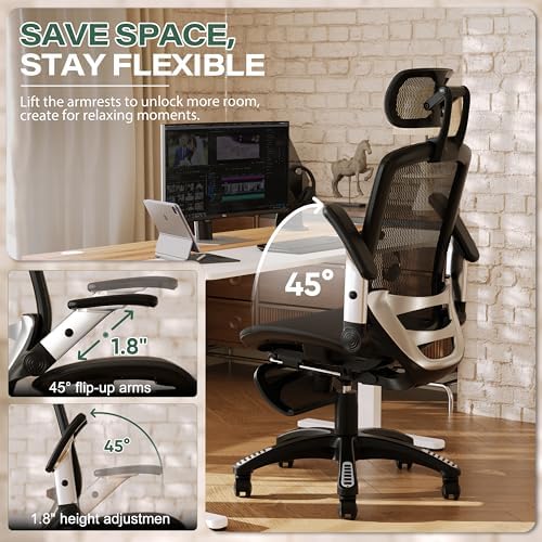 GABRYLLY Ergonomic Office Chair, High Back Home Desk Chair with Footrest,3D Headrest, Flip-Up Arms, 135° Tilt and Wide Cushion, Heavy Duty Mesh Chairs for Task Computer Gaming, Black - Image 5