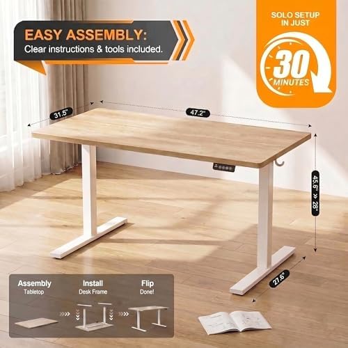 Grandder 47x32 Large Electric Standing Desk, Height Adjustable Computer Desk with 2 Memory Presets, 31.5" Deep Desktop Sit Stand Desk Home Office Desk Workstation Table with Hooks, Oak - Image 2