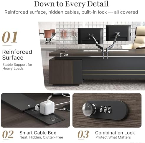 71" L-Shaped Executive Desk with Reversible Return, Office Desk for Home and Manager Office, Power Hub with USB-C HDMI RJ45, 3-Digit Lock Drawer, Storage Shelves and Privacy Panel, Gray Walnut - Image 4