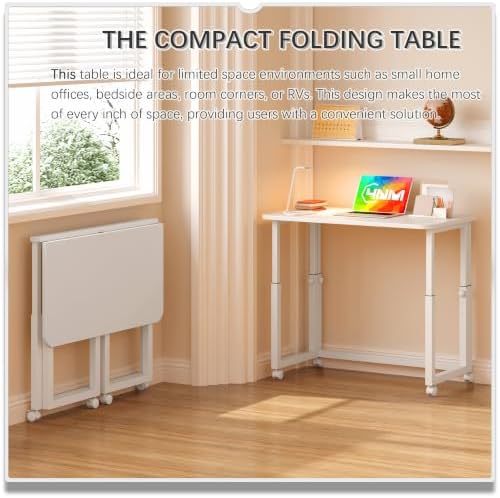 4NM No Tool Assembly 31.5" Small Desk, Folding Portable Desk with Wheels, Adjustable Height Foldable Computer Home Office Desks, Collapsible Study Writing Table for Space Saving Bedroom - All White - Image 3