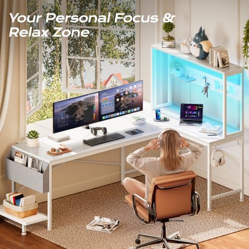 PRAISUN L Shaped Gaming Desk with LED Lights & Power Outlets - Image 6