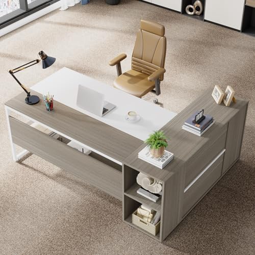 Tribesigns 71 inch Executive Desk, L Shaped Desk with Cabinet Storage, Executive Office Desk with Shelves, Business Furniture Set Workstation for Home Office, Gray and White - Image 3
