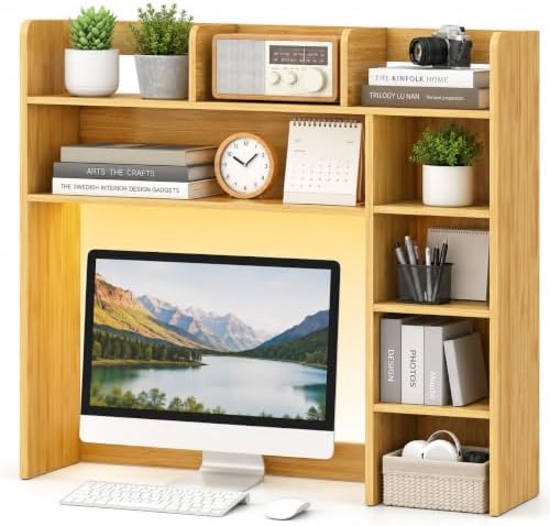 GLACER Desktop Bookshelf with LED Lights, Desk Hutch for Max 25" Monitor by GLACERGrowupinhappiness