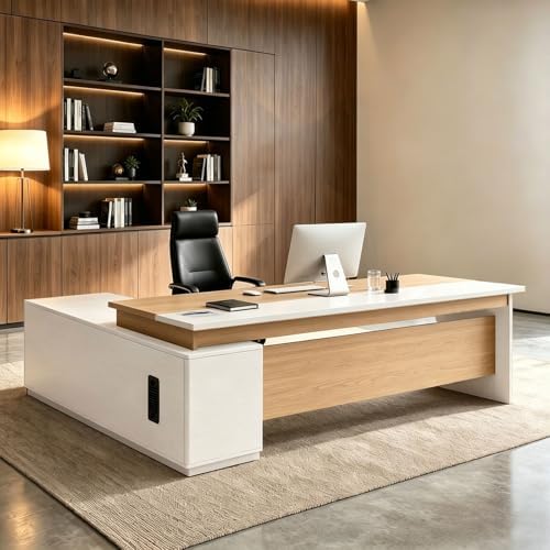 L Shaped Executive Desk with Drawers, Large Wood Workstation, Modern Executive Office Furniture for Home Office and Business Workspace, Multiple Sizes & Colors by Unknown