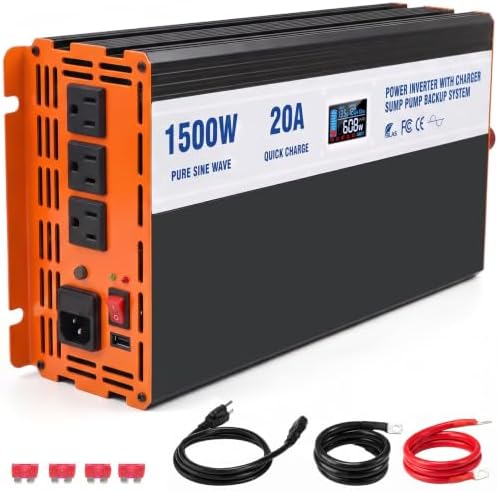 Sump Pump Battery Backup System, 1500W Pure Sine Wave Inverter with LCD Display, Auto Switches to Battery Power for Continuous Sump Pump Operation, for Basement Flood Protection&Power Outage Emergency by Gsskny