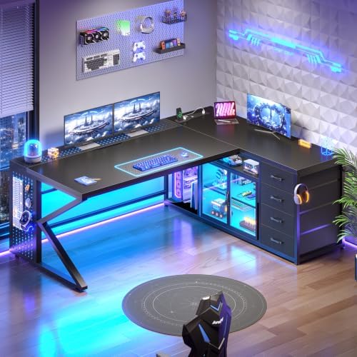 SEDETA 63"x27.6" L Shaped Gaming Desk with 4 Drawers, Carbon Fiber Black by SEDETA