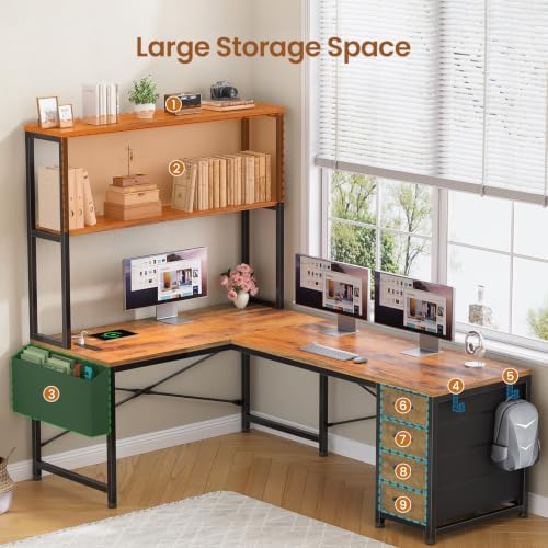 SEDETA L Shaped Gaming Desk, 51.2" Reversible Small Corner Desk with 4 Drawer, Power Outlet & LED Lights, Home Office Desk with Storage Shelves for Small Space, Rustic Brown - Image 4