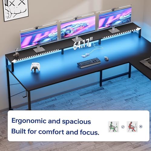 Pamray 64 Inch L Shaped Gaming Desk with Monitor Stand and Power Outlets - Image 4