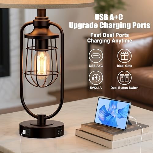 24" Rustic Farmhouse Table Lamps Set of 2 for Living Room, USB A+C - Image 3