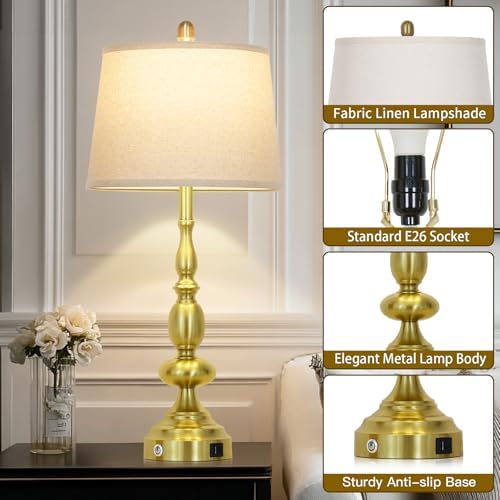 29" Tall Table Lamps for Living Room Set of 2 with USB C+A Charging Ports, Gold Farmhouse 3-Way Dimmable Bedside Lamps, Modern Industrial Nightstand Lamps for Bedroom End Table(2 LED Bulbs Included) - Image 5