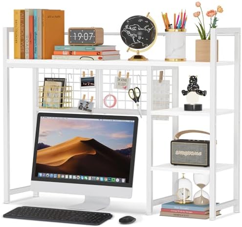 Snughome Desk Shelf, 38.6" Desktop Organizer Shelf, Desk Hutch for Computer Monitor, 4 Tier Desktop Display Rack with Pegboard Hooks Set, Wood Desk Bookshelf for Home Office Dorm, White by Snughome