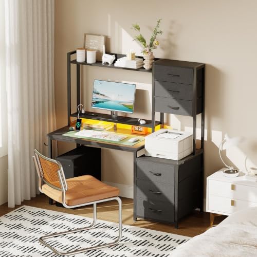 MUTUN 47 Inch Computer Gaming Desk with Hutch Power Outlet and LED Strip, Home Office Work Study Writing Desk with 6 Fabric Drawers and Storage for Bedroom, Escritorios para Computadoras, Black - Image 2