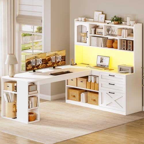 SEDETA Farmhouse 61” L Shaped Office Desk with Drawers, Storage Shelves by SEDETA