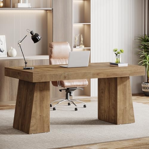 Tribesigns 55 Inches Executive Desk, Mid-Century Modern Home Office Desk, Wood MDF Computer Table Business Workstation Small Conference Table, Light Brown - Image 5