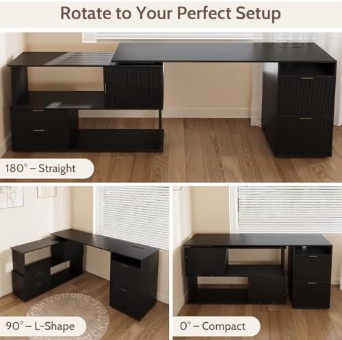 L-Shaped Desk with Drawers & Power Outlet, 180 Rotating Corner Computer Desk with Storage, 66 Inch Office Desk with 5-Drawer, Space-Saving Modern L-Shaped Workstation, Black - Image 5