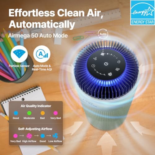 COWAY Air Purifier for Bedroom up to 500 ft², HEPA and Deodorization Filter for Smoke, Allergies, Pet Dander, AQI Monitor, Auto Mode, Filter Indicator, Night Light, 2yr Warranty, Airmega 50 Lunar Gray - Image 3