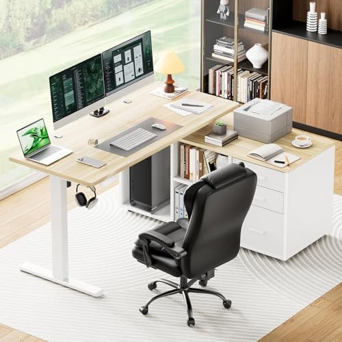 Marsail L-Shaped Executive Standing Desk with File Cabinet, 55" x 24" Electric Height Adjustable Stand up Desk, One-Whole Piece Desktop, Home Office Modern Computer Deskwith 4 Memory Presets - Image 2
