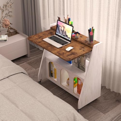 Portable Desk on Wheels, Farmhouse Rolling Computer Desk, Mobile Workstation Rolling Laptop Cart with Storage and Wheels for Home Office Small Space(Rustic Brown) - Image 4