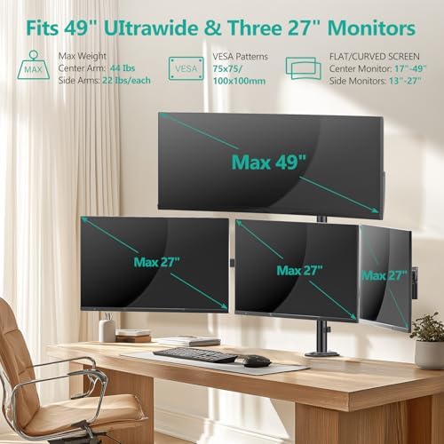 WALI Stacked 4 Monitor Mount for 49" UItrawides and Three 27" Monitors - Image 2