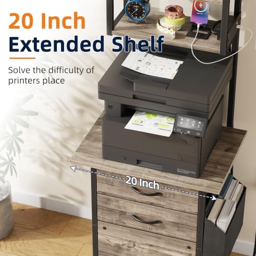 HIGDBFE 3 Drawer File Cabinet with Charging Station, 49''H Tall, 3-Tier Small Filing Cabinet for Home Office, 20''*15'' for Small Printer, Fabric Drawer, Printer Stand, Grey - Image 4