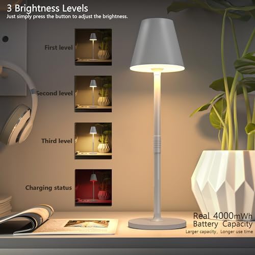 Timjorman 4-Pack Cordless Table Lamps - 5000mAh Rechargeable Battery Operated Desk Lamp, 3-Level Dimmable LED Night Light for Bedroom, Dining, Restaurant - Metal Design(White 4PACK) - Image 2