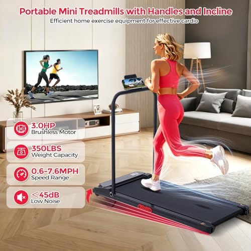Small Treadmill for Home, Walking Pad Treadmill with Incline and Handle Bar, 3.0HP Electric Under Desk Treadmill for Small Space, 0.6-7.6MPH Portable Mini Exercise Treadmills, 350LBS Capacity - Image 4