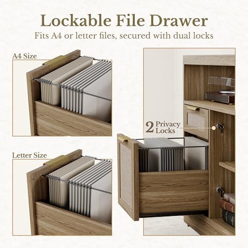 70 Inch Executive Standing Desk with File Cabinet, L Shaped Electric Height Adjustable Desk with AC/USB and Privacy Panel, Computer Corner Table for Home Office, Natural Oak - Image 4
