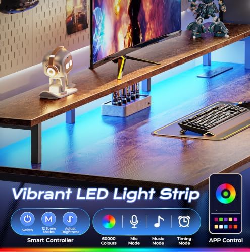 PRAISUN 48 inch Gaming Desk, LED & Outlets, Monitor Stand, Rustic Brown - Image 6